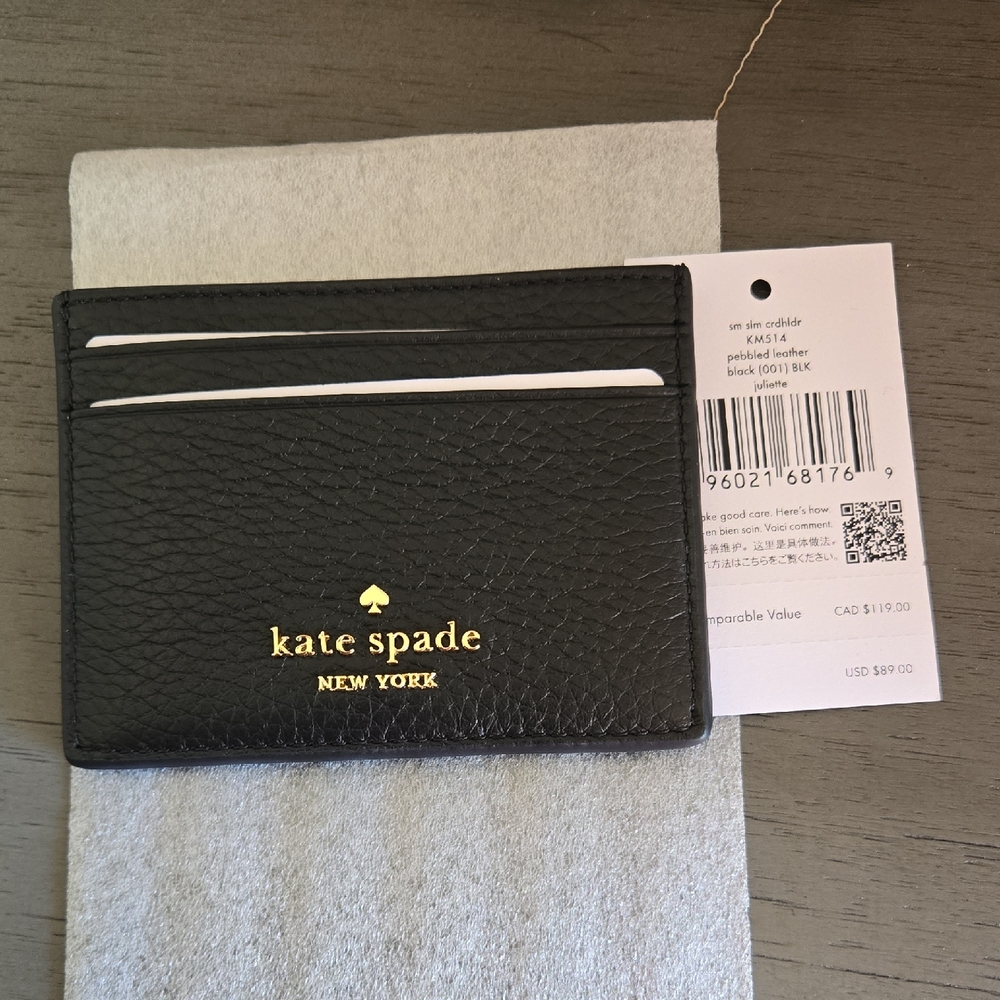 kate spade Black Pebbled Leather Card Holder with Gold Logo